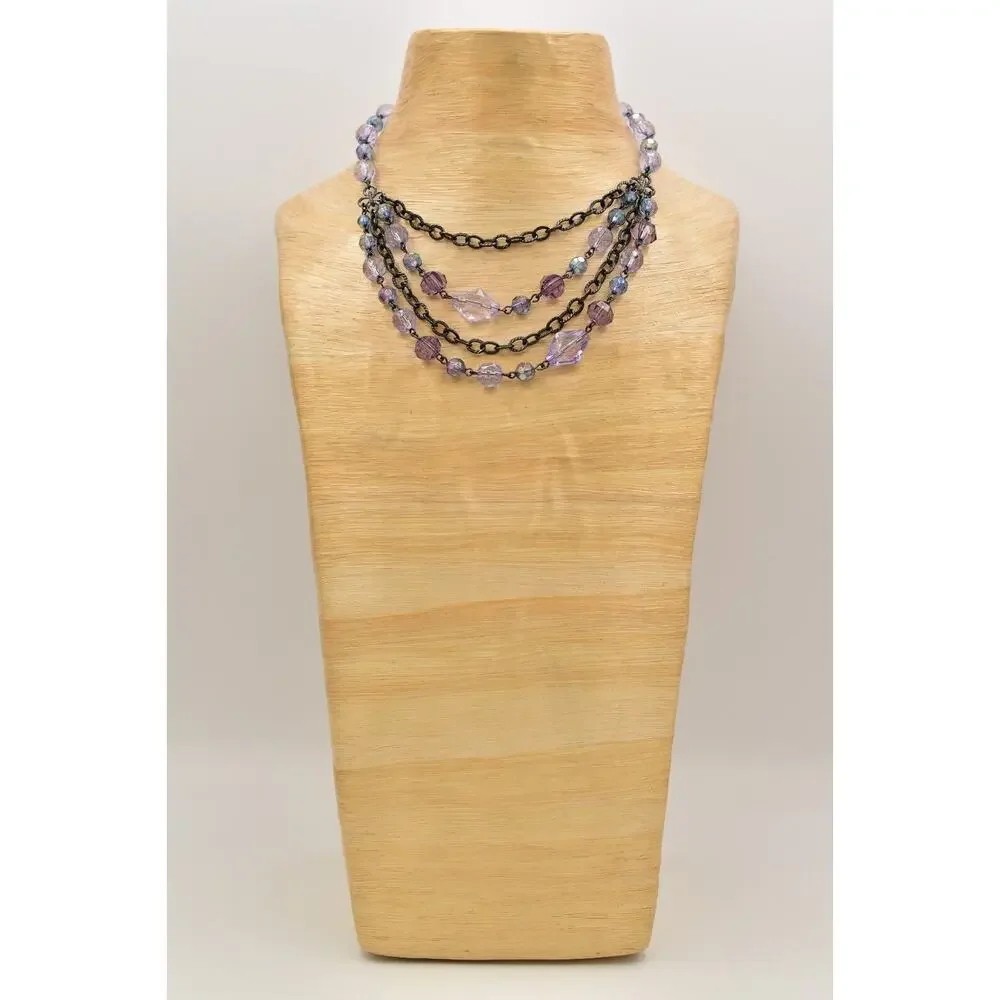 2028 Vintage Necklace Crystal Beaded Collar Purple Gunmetal Signed 1990s BinBD